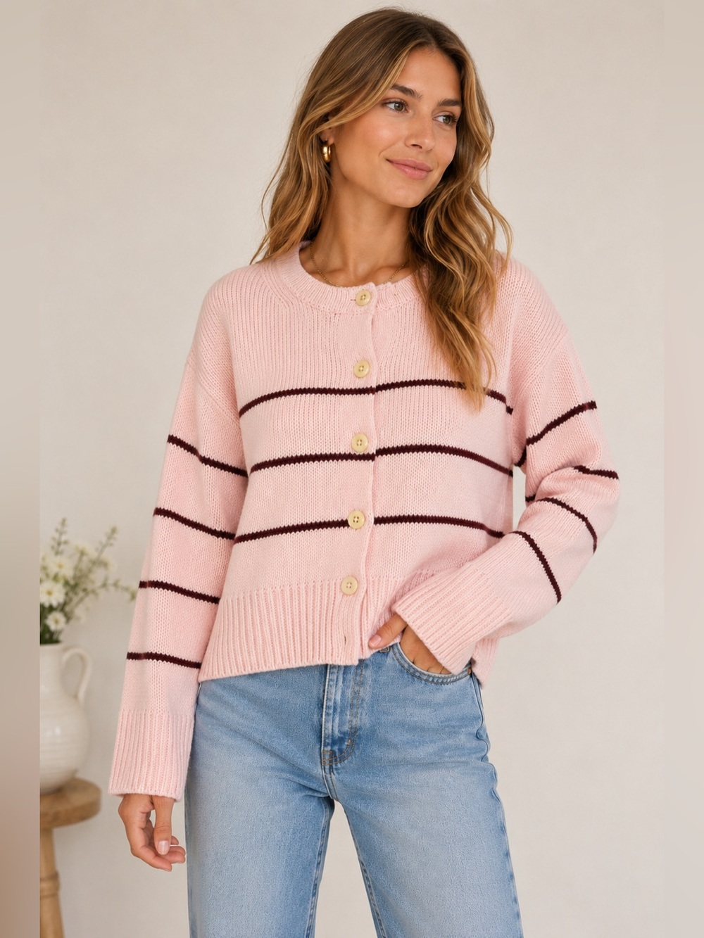 Tuckernuck Caroline Constas Burgundy Stripe Pink cotton Cardigan 🎀 NWT